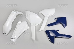 UFO KOMPLET PLASTIKE HUSQVARNA TE/TX 125/250/300 '17-19, FE 250/350/450/501 '17-19 BOJA OEM (BELA, ŠTITNICI HLADNJAKA PLAVE) (HU618E999)