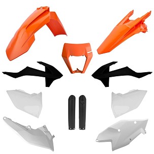 POLISPORT KOMPLET PLASTIKE (FULL KIT) KTM EXC/EXC-F TPI '17-'19W SETU ŠTITNIK LAMPE (8666800006) I ŠTITNICI AMORTIZERA (8398600003) BOJA NARANDŽASTA BELA CRNA