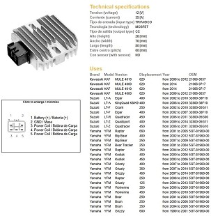 DZE REGULATOR NAPONA YAMAHA YFM 125/250/350/400/450/600/660 (RAPROR;BIG BEAR; KODIAK;GRIZZLY; BRUIN); SUZUKI LTZ400 QUADRACER; LTA 400 EIGER; LTR 450R (35A) (5GT-81960-00) (ESR441) (32800-05G11)