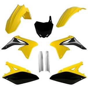 POLISPORT KOMPLET PLASTIKE (FULL KIT) SUZUKI RMZ 250 '10-'18W SETU TABLICA PREDNJA (8660400002) I ŠTITNICI AMORTIZERA (8398300001) BOJA ŽUTA BELA CRNA