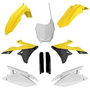 POLISPORT RASPRODAJA KOMPLET PLASTIKE (FULL KIT) SUZUKI RMZ 250 '19-'25; RMZ 450 '18-'25W SETU TABLICA PREDNJA (8666100002) I ŠTITNICI AMORTIZERA (8398300002) BOJA ŽUTA CRNA BELA OEM