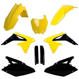 POLISPORT KOMPLET PLASTIKE (FULL KIT) SUZUKI RMZ 450 '08-'17W SETU TABLICA PREDNJA (8659300001) I ŠTITNICI AMORTIZERA (8398300002) BOJA CRNA ŽUTA OEM