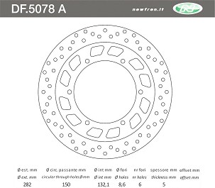NEWFREN DISK KOČIONI PREDNJI/ZADNJI YAMAHA XV / XVS 125 '97-'04; XV 750 '94-'98; GTS 1000 '93-'95; FJ 1100/1200 '83-'95; VMAX '85-'02; FJR 1300 '01-'16; XTZ 1200 SUPER TENERE '10-'19 (282X132X5)