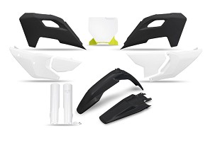 UFO 2025/11 KOMPLET PLASTIKE (FULL KIT) SA ŠTITNICIMA TELESKOPA (AMORTIZERA) HUSQVARNA TC 125 / 250 '23-'24, FC 250 / 350 / 450 '23-'24, FX 350 / 450 '23-'24, TX 300 '24, BOJA CRNA / BELA