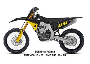 UFO 2025/11 KOMPLET PLASTIKE (FULL KIT) SA ŠTITNICIMA TELESKOPA (AMORTIZERA) SUZUKI RMZ 250 '19-'25, RMZ 450 '18-'25 BOJA ŽUTA / CRNA