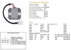 DZE REGULATOR NAPONA YAMAHA XTZ 660 '92-'93, XTZ 750 '92-'94, XV 250 VIRAGO '94; GILERA DAKOTA/SATURNO/XRT/NORD WEST/ RC/R/COBRA (2J2-81960-A0, 2J2-81960-A1)