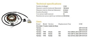 DZE NAMOTAJ ALTERNATORA STATOR YAMAHA YFM 550 GRIZZLY '09-'14; YFM 700 GRIZZLY '07-'20; YFM 700 KODIAK '19-'20 (OEM 28P-81410-00; 3B4-81410-00)