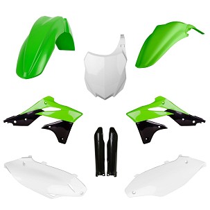POLISPORT KOMPLET PLASTIKE (FULL KIT) KAWASAKI KX 250F '13-'16W SETU TABLICA PREDNJA (8659200003) I ŠTITNICI AMORTIZERA (8351800002) BOJA ZELENA BELA CRNA OEM