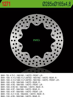 NG DISK KOČIONI PREDNJI BMW K 75C/RT/S '94-'96, PREDNJI/ZADNJI K 100 '84-'93, K1100 '92-'00 (285X165X4,8) (10X5,5MM)