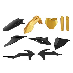 POLISPORT KOMPLET PLASTIKE (FULL KIT) KTM SX/SX-F '19-'22W SETU TABLICA PREDNJA (8666400009) I ŠTITNICI AMORTIZERA (8398600015) BOJA ZLATNA CRNA (GOLD METAL FLOW COMPLETE KIT)