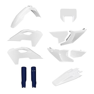POLISPORT KOMPLET PLASTIKE (FULL KIT) HUSQVARNA TE/FE '24-'25W SETU ŠTITNIK LAMPE PREDNJE (8681500001) I ŠTITNICI AMORTIZERA (8352500008) BOJA BELA PLAVA OEM '25