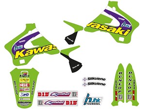 TECNOSEL (BLACKBIRD) KOMPLET NALEPNICA (FOLIJA) + NAVLAKA/PRESVLAKA NA SEDIŠTE KAWASAKI KX 125/250 '94-'98, REPLICA TEAM KAWASAKI '98