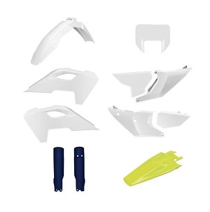 POLISPORT KOMPLET PLASTIKE (FULL KIT) HUSQVARNA TE/FE '24-'25W SETU ŠTITNIK LAMPE PREDNJE (8681500001) I ŠTITNICI AMORTIZERA (8352500008) BOJA OEM BELA PLAVA OEM '24