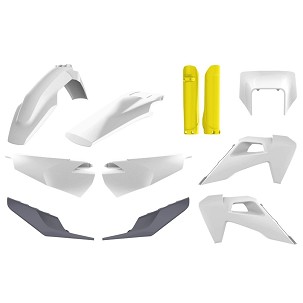 POLISPORT KOMPLET PLASTIKE (FULL KIT) HUSQVARNA TE/FE TPI '20-'23W SETU ŠTITNIK LAMPE PREDNJE (8668700001) I ŠTITNICI AMORTIZERA (8398900004) BOJA OEM BELO ŽUTO SIVA