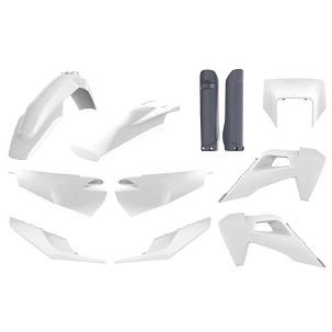 POLISPORT KOMPLET PLASTIKE (FULL KIT) HUSQVARNA TE/FE TPI '20-'23W SETU ŠTITNIK LAMPE PREDNJE (8668700001) I ŠTITNICI AMORTIZERA (8398900006) BOJA BELO SIVA OEM