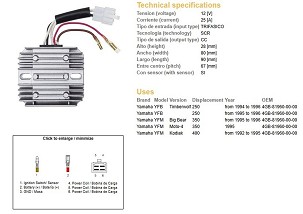 DZE REGULATOR NAPONA YAMAHA YFB 250 TIMBERWOLF '94-'96; YFM 350 BIG BEAR '95-'96; YFM 400 KODIAK '92-'95 (4GB-81960-00-00)