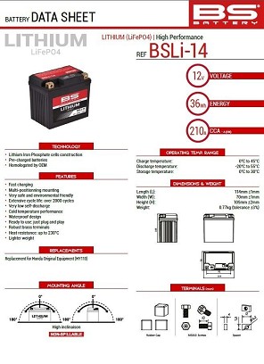 BS AKUMULATOR LITIJUM-JONSKI SA SA POKAZIVAČEM PUNJENJA LIFEPO4 BSLI-14 (114X70X105) (210A,36WH,3AH) HONDA CRF 1100 AFRICA TWIN '20-23 (OEM: HY110) (4)