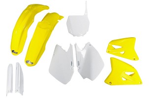 UFO KOMPLET PLASTIKE (FULL KIT) SA ŠTITNICIMA TELESKOPA (AMORTIZERA) SUZUKI RM 125 / 250 '06-'24 BOJA OEM ( BELA / ŽUTA )