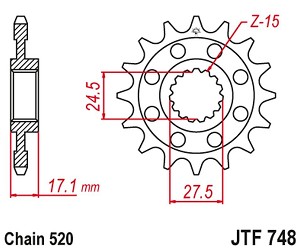 JT LANČANIK PREDNJA 2250 15 SA GUMOM DUCATI 899 PANIGALE '14-'15, 959 PANIGALE '16-'19, (1199 PANIGALE '12-'17 KONVERZIJA NA LANAC 520) (225015JT) (LANAC 520)
