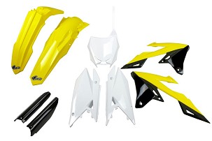 UFO KOMPLET PLASTIKE (FULL KIT) SA ŠTITNICIMA TELESKOPA (AMORTIZERA) SUZUKI RMZ 250 '19-'25, RMZ 450 '18-'25 BOJA OEM ( ŽUTA / BELA / CRNA )