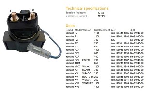 DZE RELEJ STARTERA YAMAHA XV 250 VIRAGO '95-'07; FZR 400/600/1000 '88-'95; FZ 600/700/750 '85-'88; TDM 850 '92-'93; FJ 1100/1200 '84-'92; XVZ 1300 VENTURE '86-'93 (36Y-81940-00) (150A)