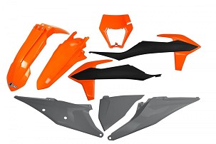 UFO KOMPLET PLASTIKE KTM EXC 125 '20-'21, EXC 250 / 300 TPI '20-'23, EXC-F 250 / 350 / 450 / 500 '20-'23 SA ŠTITNIKOM LAMPE BOJA OEM '21 (NARANDŽASTA/CRNA/SIVI)
