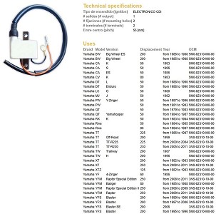 DZE KALEM PALJENJA YAMAHA PW 50 '81-'96; DT 50 '88-'90; TT 200/225/230 '99-'11; TW 200 '87-'96; XT 200/250 '82-'11; YFM 250 RAPTOR '09-'11; YFS 200 BLASTER '89-'06