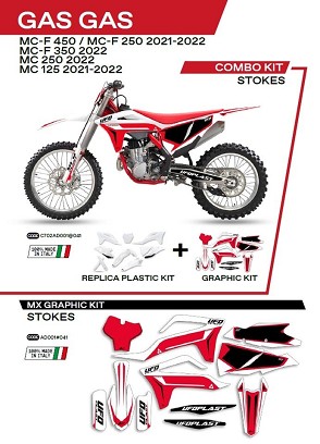 UFO KOMPLET PLASTIKE GGKIT702041 PLUS KOMPLET NALEPNICA (FOLIJA) GAS GAS MC 125 '21-'22; MC 250 '22; MCF 250/350/450 '21-'22W SETU PREDNJA TABLICA (GG07130) I ŠTITNICI AMORTIZERA (GG07131) STOKES BOJA BELA - RASPRODAJA