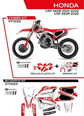 UFO KOMPLET PLASTIKE HOKIT125070 PLUS KOMPLET NALEPNICA (FOLIJA) HONDA CRF 250R '22; CRF 450 '21-'22W SETU PREDNJA TABLICA (HO05607) I ŠTITNICI AMORTIZERA (HO04695) STOKES BOJA CRVENA - RASPRODAJA