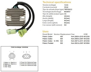 DZE REGULATOR NAPONA POLARIS PREDATOR 500 '03-'07; OUTLAW 400/500/525 '06-'11 (35A) (OEM-4010654, 4012536) (ESR541)