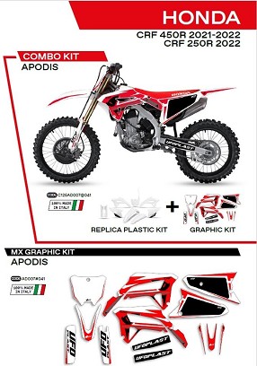 UFO KOMPLET PLASTIKE HOKIT125041 PLUS KOMPLET NALEPNICA (FOLIJA) HONDA CRF 250R '22; CRF 450 '21-'22W SETU PREDNJA TABLICA (HO05607) I ŠTITNICI AMORTIZERA (HO04695) APODIS BOJA BELA - RASPRODAJA