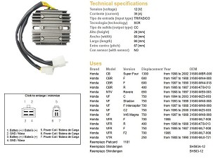 DZE REGULATOR NAPONA HONDA CBR 600F '87-'90; CB 1300 '98-'02; NTV 650 REVERE '88-'97; VF 700/750 '07-'03; VFR 400/750 '86-'88 (ESR530) (SH593A-12, SH583-12)