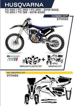 UFO KOMPLET PLASTIKE HUKIT622001 PLUS KOMPLET NALEPNICA (FOLIJA) HUSQVARNA TC 125/250 '19-'22; FC 250/350/450 '19-'22W SETU PREDNJA TABLICA (HU04303) I ŠTITNICI AMORTIZERA (HU03361) STOKES BOJA CRNA - RASPRODAJA