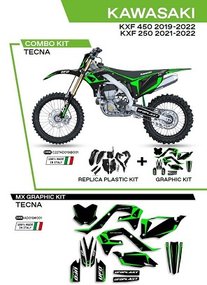 UFO KOMPLET PLASTIKE KAKIT227001 PLUS KOMPLET NALEPNICA (FOLIJA) KAWASAKI KXF 250 '21-'22; KXF 450 '19-'22W SETU PREDNJA TABLICA (KA04738) I ŠTITNICI AMORTIZERA (KA04701) TECNA BOJA CRNA - RASPRODAJA