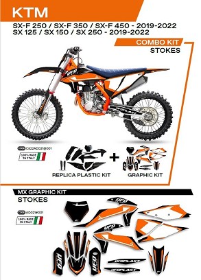UFO KOMPLET PLASTIKE KTKIT522001 PLUS KOMPLET NALEPNICA (FOLIJA) KTM SX/SXF 125/150/250/350/450 '19-'22W SETU PREDNJA TABLICA (KT04094) I ŠTITNICI AMORTIZERA (KT04055) STOKES BOJA CRNA - RASPRODAJA