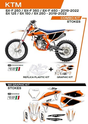 UFO KOMPLET PLASTIKE KTKIT522042 PLUS KOMPLET NALEPNICA (FOLIJA) KTM SX/SXF 125/150/250/350/450 '19-'22W SETU PREDNJA TABLICA (KT04094) I ŠTITNICI AMORTIZERA (KT04055) STOKES BOJA BELA - RASPRODAJA
