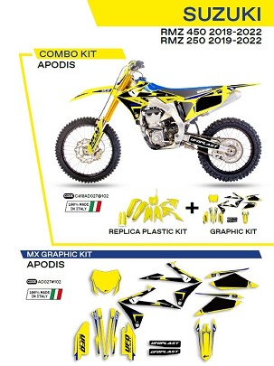 UFO KOMPLET PLASTIKE SUKIT418102 PLUS KOMPLET NALEPNICA (FOLIJA) SUZUKI RMZ 250 '19-'22; RMZ 450 '18-'22W SETU PREDNJA TABLICA (SU04943) I ŠTITNICI AMORTIZERA (SU04913) APODIS BOJA ŽUTA - RASPRODAJA