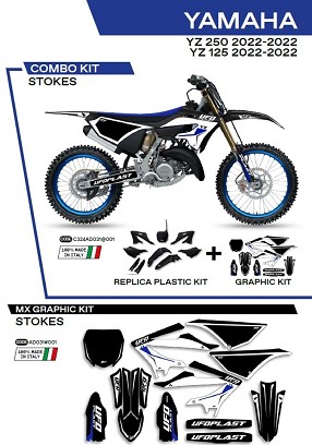 UFO KOMPLET PLASTIKE YAKIT324001 PLUS KOMPLET NALEPNICA (FOLIJA) YAMAHA YZ 125/250 '22-'26, U SETU PREDNJA TABLICA (YA04860) I ŠTITNICI AMORTIZERA (YA04814) STOKES BOJA CRNA - RASPRODAJA