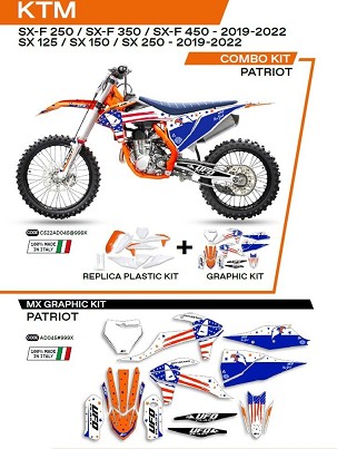 UFO KOMPLET PLASTIKE KTKIT522999X PLUS KOMPLET NALEPNICA (FOLIJA) KTM SX/SXF 125/150/250/350/450 '19-'22W SETU PREDNJA TABLICA (KT04094) I ŠTITNICI AMORTIZERA (KT04055) PATRIOT BOJA OEM (BELA/ PLAVA) - RASPRODAJA