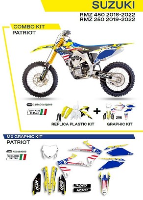 UFO KOMPLET PLASTIKE SUKIT418999 PLUS KOMPLET NALEPNICA (FOLIJA) SUZUKI RMZ 250 '19-'22; RMZ 450 '18-'22W SETU PREDNJA TABLICA (SU04943) I ŠTITNICI AMORTIZERA (SU04913) PATRIOT BOJA OEM (ŽUTA/BELA/CRNA) - RASPRODAJA