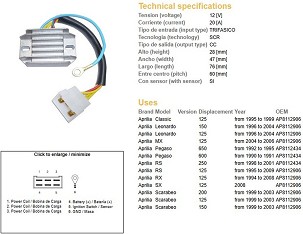 DZE REGULATOR NAPONA APRILIA PEGASO 600/650 '90-'95; RS 125/250 '95-'09; RX 125 '94-'08; LEONARDO; SCARABEO (ESR087)