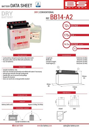 BS AKUMULATOR BB14-A2 (YB14-A2) 12V 14AH 134X89X166 SA ODRŽAVANJEM - ELEKTROLIT ODVOJENO (175A) UE2019/1148 (3)