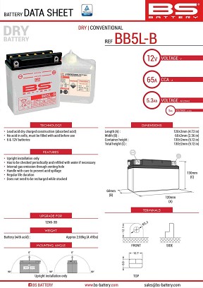 BS AKUMULATOR BB5L-B (YB5L-B) (12N5-3B) 12V 5AH 120X60X130 SA ODRŽAVANJEM - ELEKTROLIT ODVOJENO (65A) UE2019/1148 (6)