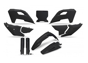 UFO KOMPLET PLASTIKE (FULL KIT) SA ŠTITNICIMA TELESKOPA (AMORTIZERA) HUSQVARNA TC 125 / 250 '23-'24, FC 250 / 350 / 450 '23-'24, FX 350 / 450 '23-'24, TX 300 '24, BOJA CRNA