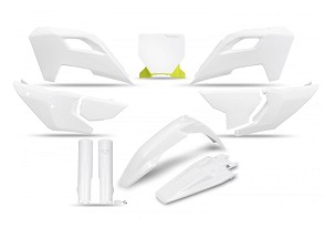 UFO KOMPLET PLASTIKE (FULL KIT) SA ŠTITNICIMA TELESKOPA (AMORTIZERA) HUSQVARNA TC 125 / 250 '23-'24, FC 250 / 350 / 450 '23-'24, FX 350 / 450 '23-'24, TX 300 '24, BOJA BELA