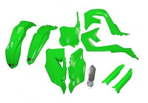 UFO KOMPLET PLASTIKE (FULL KIT) SA ŠTITNICIMA TELESKOPA (AMORTIZERA) KAWASAKI KXF 250 '21-24, KXF 450 '19-23 BOJA ZELENA