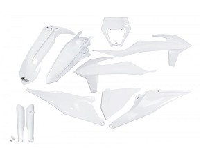 UFO KOMPLET PLASTIKE (FULL KIT) SA ŠTITNICIMA TELESKOPA (AMORTIZERA) KTM EXC 125 '20-'21, EXC 250 / 300 TPI '20-'23, EXC-F 250 / 350 / 450 / 500 '20-'23 BOJA OEM BELA