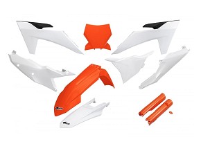 UFO KOMPLET PLASTIKE (FULL KIT) SA ŠTITNICIMA TELESKOPA (AMORTIZERA) KTM SX 125 / 250 / 300 TBI '23-'24, SX-F 250 / 350 / 450 '23-'24 BOJA OEM NARANDŽASTA BELA
