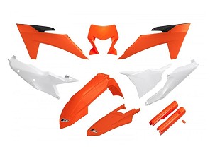 UFO KOMPLET PLASTIKE (FULL KIT) SA ŠTITNICIMA TELESKOPA (AMORTIZERA) KTM EXC 150 / 250 / 300 TBI '24-'25, EXC-F 250 / 350 / 450 / 500 '24-'25 BOJA OEM NARANDŽASTA BELA