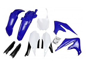 UFO KOMPLET PLASTIKE (FULL KIT) SA ŠTITNICIMA TELESKOPA (AMORTIZERA) YAMAHA YZF 250 '19-'23, YZF 450 '18-'22 BOJA OEM PLAVA BELA CRNA